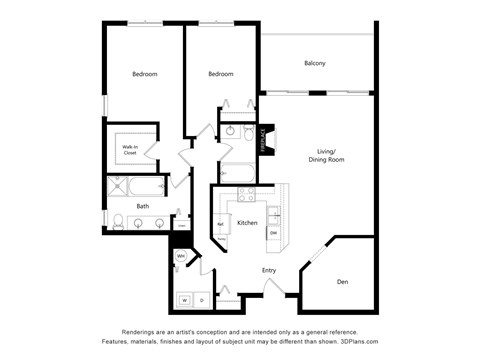 Floor plan for 2 beds, 2 baths, 1263 sqft